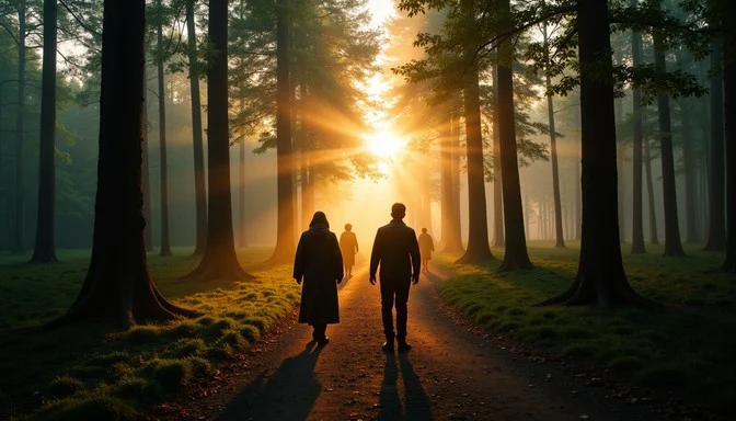 Illustration of a sunrise over a walking path with warm golden light filtering through native New Zealand trees, representing a peaceful morning walk